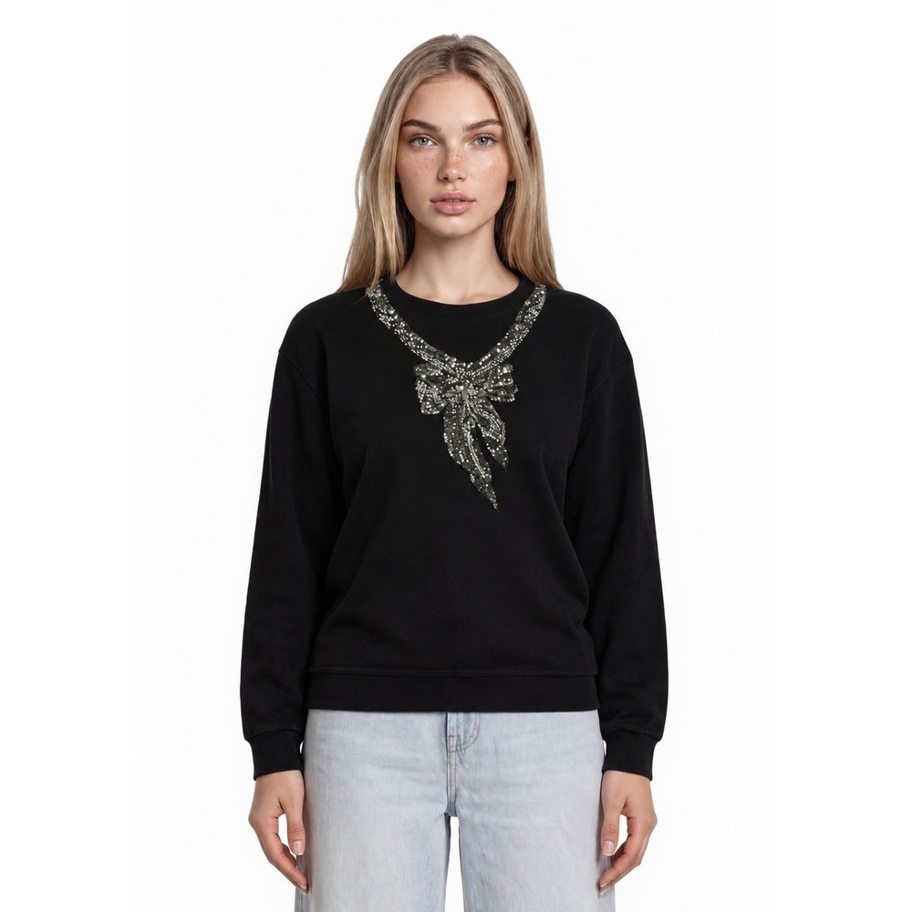 NWT Maeve Anthropologie Bow Sweatshirt Women's Size Medium Black Sequin Pullover